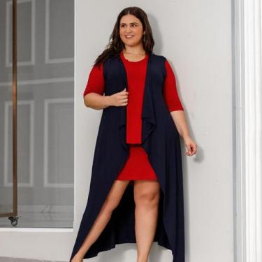Imagem de Maxi Colete Feminino Longo Liso A Fio Plus Size - Rosana Farcait, Azul