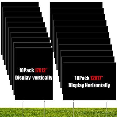 Imagem de Wesiti Pacote com 20 placas de jardim em branco com estacas placa de gramado de plástico ondulado dupla face placas de venda de garagem com estacas para alugar sinal para jardim de festa (preto, 45,5 x 30,5 cm)