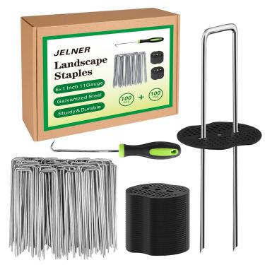Imagem de JELNER Conjunto de estábulos de paisagem, 15 cm, calibre 11, 100 peças de grampos de jardim galvanizados e 100 juntas + 1 gancho, estacas de barraca em forma de U, tecido de paisagismo, pinos SOD para