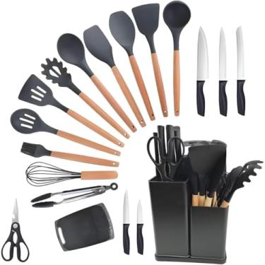 Imagem de Utensilios para Cozinha Silicone Kit com 19 Peças Cabo Madeira Conjunto Completo Espátula Concha Colher Jogo Suporte Faca Antiaderente Tabua Tesoura Faqueiro Cores Sortidas
