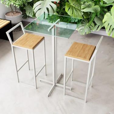 Imagem de Conjunto Mesa Alta Bar Bistrô Quadrada Vidro 2 Banquetas Confort Pinus Industrial White