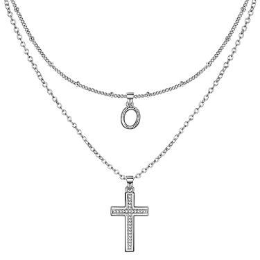 Imagem de ZENI Colar delicado de cruz para mulheres, banhado a ouro 14K, corrente em camadas, pingente inicial, colar gargantilha com pingente inicial, cruz de zircônia cúbica, joia de fé cristã, presentes de comunhão para meninas, 16"+2" adjustable, 15"+2" adjustable, x:li>, Zircônia cúbica