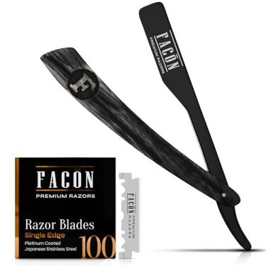 Imagem de Facón Lâminas de barbear masculinas – Kit profissional de barbeiro de borda reta com 100 lâminas, barbeador Barbero de madeira de aço inoxidável para um barbear suave e preciso, barbeador de barbeiro