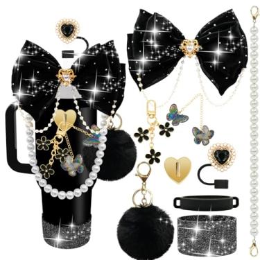 Imagem de LBU Acessórios de copo Bling Stanley para copo de 40/30/567 g com alça, incluindo topo de palha com laço de glitter, capa de canudo de coração, alça de alça de garrafa de água pérola, bota, pompom