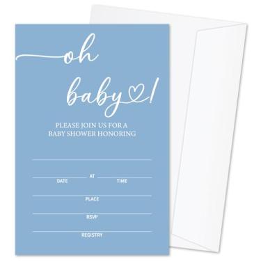 Imagem de mermermu Oh Baby! Convites de chá de bebê para meninos, cartões de convite de minimalismo azul para anúncio de bebê, 25 conjuntos de convites de chá de bebê com envelopes, suprimentos de festa de