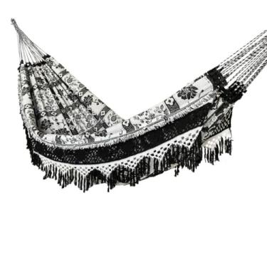 Imagem de Rede De Dormir Descanso Casal Jeans Luxo Varanda Artesanal Decorativa(PRETO BRANCO FLOR)