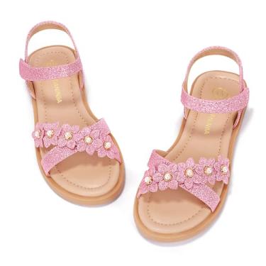 Imagem de PANDANINJIA Sandálias Mary Girls Com Bico Aberto, Lindas Flores, Pérolas, Sandálias Sociais, Tiras Cruzadas, Sapatos De Verão Para Bebês/Crianças Pequenas/Crianças Grandes (Brilhos Rosa, 1 M Eua, C