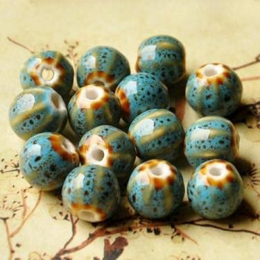 Imagem de Melancia Padrão Contas De Porcelana 12mm 60pcs Handmade Rodada Contas De Cerâmica Para Fazer Jóias Pulseira Espaçador Bead Crafting, Blue, 12mm 60pcs