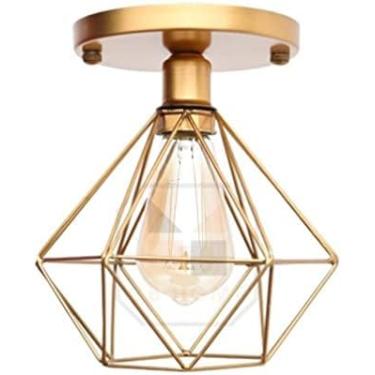 Imagem de Lustre De Teto Industrial Luminária Plafon Retrô Aramado Diamante Sobrepor (Dourado)