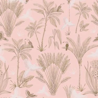 Imagem de VEELIKE Papel de parede tropical rosa descasque e cole pássaros luxuosos papel de parede de árvore de palmeira para quarto de berçário 48 cm x 395 cm papel de contato rosa autoadesivo para armários