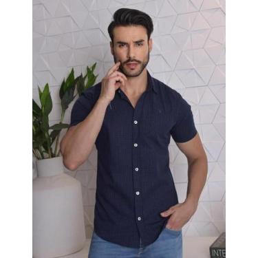Imagem de Camisa Masculina Slim Micro Xadrez Manga Curta Conquest, Azul e preto,
