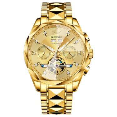 Imagem de OUPINKE Relógio masculino esqueleto automático mecânico luxuoso relógio de pulso preto à prova d'água luminoso cristal de safira de tungstênio, 3316: mostrador dourado com pulseira dourada, 3316