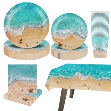 Imagem de Arosche Conjunto De Decorações Para Festa Na Praia Com 24 Pratos E Guardanapos Papel Descartáveis, Copos, Toalhas Mesa, Utensílios Decoração Conchas Piscina Verão, Suprimentos Tema Aniversário Havai