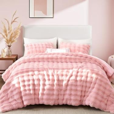 Imagem de YIKUSH Conjunto de edredom queen rosa luxuoso de pele sintética para o inverno, conjunto de cama queen fofo com 2 fronhas, rosa macio e quente
