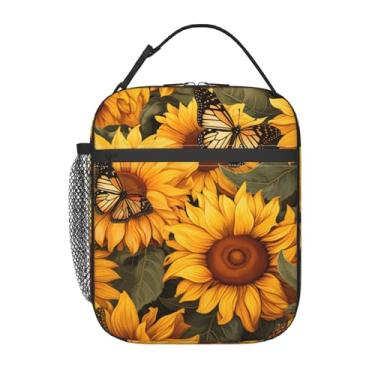 Imagem de ainori Lancheira reutilizável de girassol para crianças, bolsa de flores de borboleta monarca, bolsa térmica de poliéster para amantes florais para escola, piquenique, trabalho, viagem, praia ou
