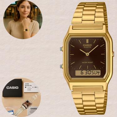 Imagem de Relógio Casio Unissex AQ-230GA Dourado Anadigi Digital Analógico Casual Quadrado Aço Inóx Social Classico Vintage Resistente Água 3ATM