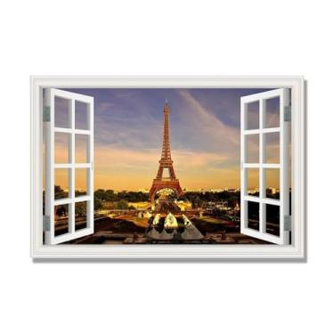 Imagem de Janela de arte de parede com impressão em tela. Vista de janela falsa. Impressão de imagem natural em tela. Arte de cenário para decoração de sala de estar. (Vista da Torre Eiffel de Paris 04). 30 x