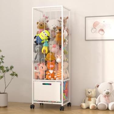 Imagem de bukfen Armazenamento de bichos de pelúcia de metal extragrande organizador de brinquedos de PVC com cesta e rodas para berçário sala de jogos, D39 x L 30 x 12 x A 120 cm, branco