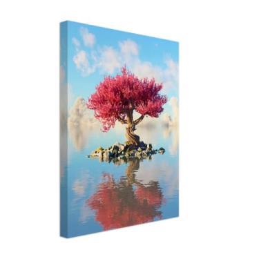 Imagem de PUREVACY Arte de parede de céu azul e árvore de flor rosa para sala de estar. Decoração de arte de parede de quarto para acima da cama. Arte de árvore rosa para paredes estilo vertical 30 x 40 cm / 12