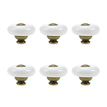 Imagem de Tsnamay 6 peças Puxador de cerâmica branca armários de porta de cozinha puxadores de furo único com parafusos, 1,26 polegadas/32 mm de diâmetro. Ponta branca + dourada