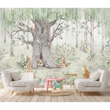 Imagem de Papel de parede floresta com pequenos animais brincando em árvores grandes, mural adequado para decorar quartos infantis e salas de estar