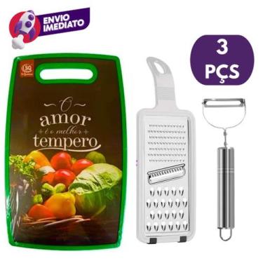 Imagem de Kit 03 Pç: Tábua Corte Decorada Plástico Colorida E Ralador 01 Face E 