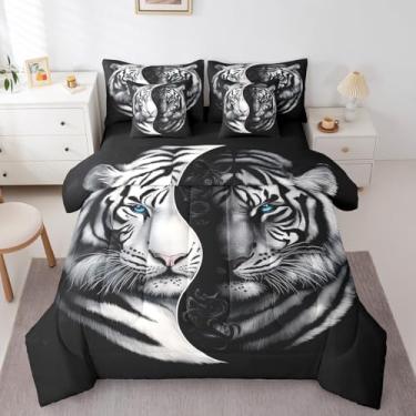 Imagem de Erosebridal Jogo de cama king size de tigre preto e branco em uma bolsa, conjunto de cama de 7 peças, conjunto de cama e edredom yin e yang, gato grande africano, gótico de vida selvagem, decoração de
