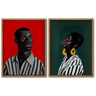 Imagem de Decoração de parede abstrata afro-americana conjunto de arte de parede em tela de casal negro com 2 pinturas de retrato de mulheres negras moda afro-americana pôsteres para quarto sala de estar