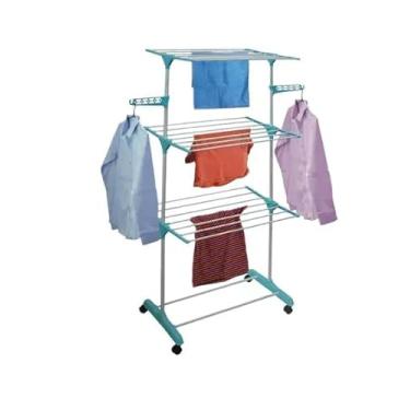 Imagem de VARAL DE CHAO DOBRAVEL RETRATIL DE 3 ANDARES COM 4 RODINHAS CABIDEIRO VERDE CLARO EM ACO E PLASTICO