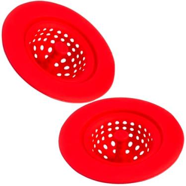 Imagem de Kit com 2 Ralo para Pia de Cozinha Em Silicone 11cm com Pino Puxador Central Filtro Coador Peneira suporta de -30 a 240c (Vermelho)