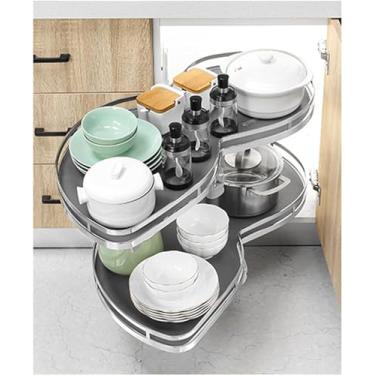 Imagem de Armário De Cozinha Prateleiras Retráteis De Canto Cego Rack De Armazenamento De Carrossel 2 Camadas Bandeja Giratória Organizador Removível Prateleira De Canto Gir, Left Open, 86 * 50cm