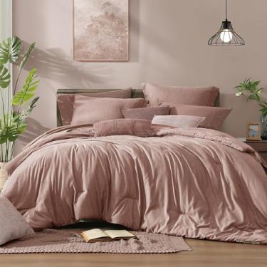 Imagem de Monbix Conjunto de edredom King Size, 7 peças, cama de tingimento catiônico rosa empoeirado em uma bolsa, com edredom, lençóis, fronhas e fronhas, edredom reversível para todas as estações
