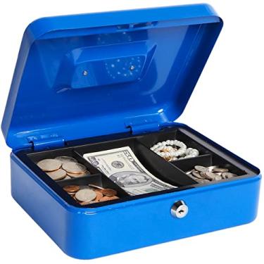Imagem de SAFECaixa de dinheiro com bandeja de dinheiro e cadeado, caixa de dinheiro de metal Lovndi para dinheiro, cofre 24 x 19 x 9 cm, azul