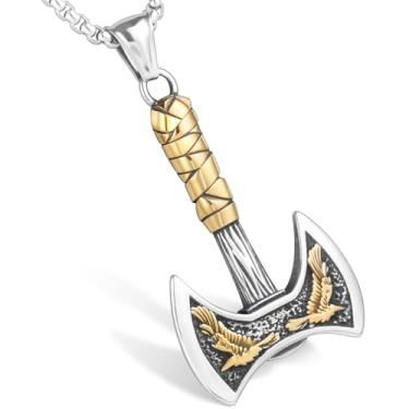 Imagem de LuxGoth Colar com pingente de machado viking de aço inoxidável, gótico, punk rock, emo, motociclista, cosplay, vintage, odin, machado, berloque, joia para homens e mulheres, ouro GTS-N1D60004
