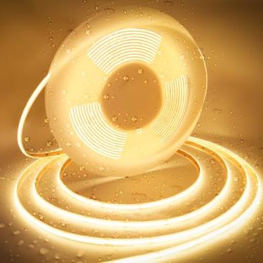 Imagem de AXMOTUT Fita de luzes LED COB de 5 metros à prova d'água IP68, 2700K branco quente ao ar livre 24V fita LED regulável iluminação de alta densidade, 4000 LM+, 1600 LEDs clipes e parafusos (fonte de
