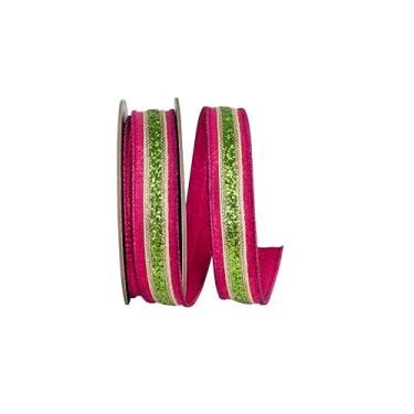 Imagem de Reliant Ribbon Fita de borda com fio Fiesta Deluxe listrada com glitter, fúcsia/limão
