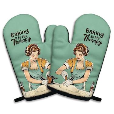 Imagem de zcyhtqp, Conjunto de 2 luvas de forno antiderrapantes de silicone engraçado Baking is My Therapy, presente de cozinha para mulheres, presentes de aniversário para mãe, esposa, churrasqueira