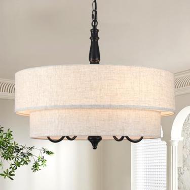 Imagem de QAREHL Lustre preto para sala de jantar lustres modernos de tambor de casa de fazenda em duas camadas 5 luzes 53 cm luz suspensa para entrada cozinha ilha corredor hall de entrada escada sala de estar