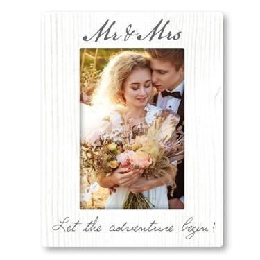 Imagem de Moldura para fotos Mr & Mrs, porta-retratos de casamento 10 x 15 cm para exibição de mesa, presente de memória para casais recém-casados, molduras de madeira para noivado, aniversário de casamento