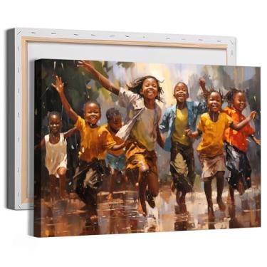 Imagem de Tela de arte de parede para crianças africanas - Pôster de menino e menina preta em arte de chuva - Pintura impressa abstrata feminina infantil com imagens americanas para quarto moldura de 40,6 x 61