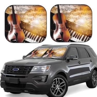 Imagem de Piano Violino Notas Musicais Para-brisa Carro Para-brisa Cobertura Solar 2 Peças, Para-sol de Janela Frontal de Carro Dobrável para a maioria dos Carros, Protetor Solar Auto Protetor Térmico para