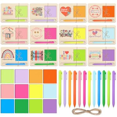 Imagem de Epakh Conjunto de 12 porta-notas de madeira para presente de fisioterapia, inclui 12 canetas esferográficas, 12 blocos de notas adesivos, 12 porta-notas coloridas, presente de agradecimento para