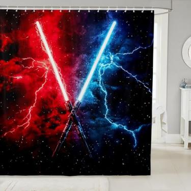 Imagem de Cortina de chuveiro com sabre de luz de tecido vermelho e azul, cortinas de banheiro à prova d'água neon brilhante relâmpago 183 cm L x 183 cm C, decoração de quarto de crianças, meninos, meninas,
