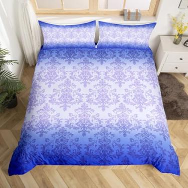 Imagem de Conjunto de capa de edredom vintage azul branco tamanho casal, estampa gótica de renda damasco reversível, capa de edredom com 2 fronhas, boêmio vitoriano barroco floral respirável (sem edredom