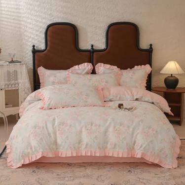 Imagem de MOTNTD Conjunto de capa de edredom de algodão boho, floral, rosa, rosa, com babados e 2 fronhas, macio, protetor de edredom para meninas adolescentes