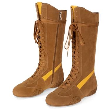 Imagem de Botas femininas de camurça, cadarço, cano alto, boxe - estilo retrô, moda urbana, cano alto, com zíper, sola antiderrapante, preta, Marrom, 36