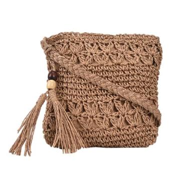 Imagem de Luxshiny Bolsa Transversal Com Borlas Vazadas, Bolsa de Praia de Palha Tecida à Mão, Marrom Claro, 8,66 X 7,09 Polegadas