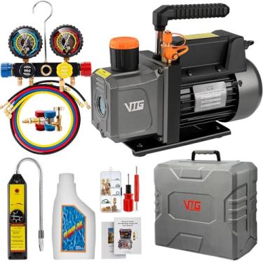 Imagem de VTG VOGTEN Conjunto de medidor e bomba de vácuo CA 4,5 CFM, para sistemas mini split/HVAC/Auto, kit de medidor de coletor serve para R134a R22 R410a, com detector de vazamento, estojo de armazenamento