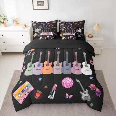 Imagem de Conjunto de cama feminino de guitarra para meninas, tamanho casal, preto, estética, moderno, discoteca, cobra, borboleta, conjunto de cama com edredom, lençóis, fronhas e capa de almofada