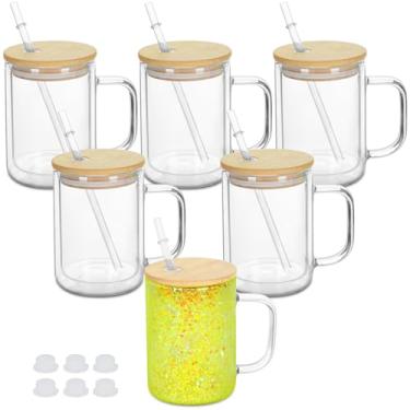 Imagem de Copo de globo de neve de vidro pré-perfurado de 425 g com alça, pacote com 6 copos de globo de neve de parede dupla, caneca de café para globo de neve, faça você mesmo, transparente, transparente